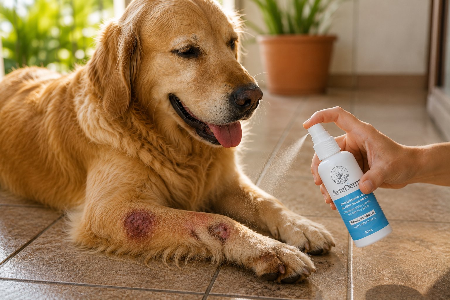 Piel seca en mascotas por calor tratada con ArteDerm en un perro con lesión cutánea en la pata
